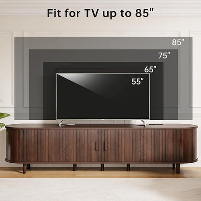 80" Mid Century Modern TV Stand, Wood TV Consoles with Sliding Doors and Power Outlet, Entertainment Center with Adjustable Shelves, Fluted TV Stands for Living Room, Walnut