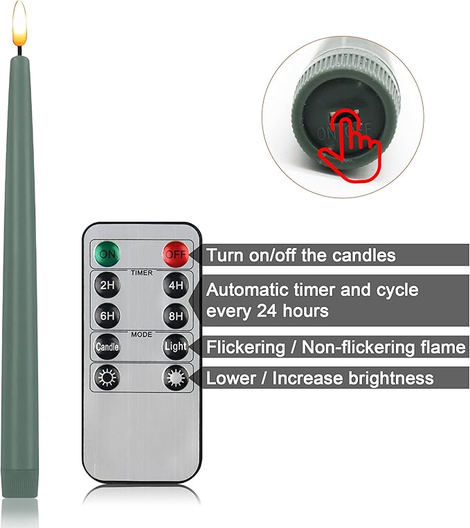 CVHOMEDECO. Flameless Taper Candles with 10-Key Remote, Battery Operated Led Flickering 3D Wick Window Candles Real Wax Finished Home Christmas Party Decor 0.78 x 11 Inch, Pack of 2, Grey Green