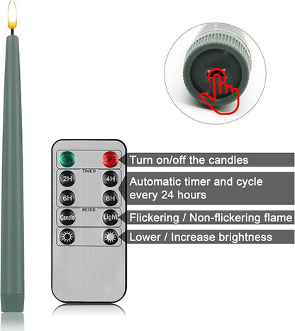 CVHOMEDECO. Flameless Taper Candles with 10-Key Remote, Battery Operated Led Flickering 3D Wick Window Candles Real Wax Finished Home Christmas Party Decor 0.78 x 11 Inch, Pack of 2, Grey Green