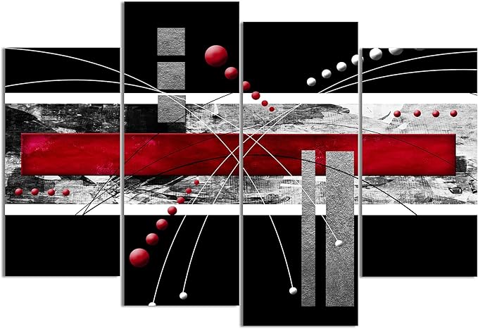 YPY Large Black Red Canvas Wall Art - 4 Panels Modern Abstract Picutre Set for Home Decoration - Contemporary Painting Artwork Ready to Hang Living Room Bedroom W64 x H46