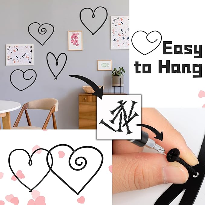 Hotop 4 Pieces Heart Metal Wall Decor Love Sign Minimalist Style Hearts Black Wall Art for Bedroom Living Room Decoration