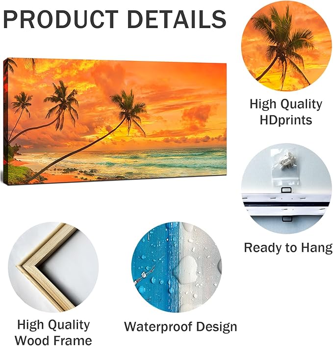 Tropical Beach Sunset Large Wall Art – Stretched & Framed Ocean Waves Canvas Painting, Palm Tree Landscape Farmhause Wall Artwork Decor for living Room Home, Bathroom Office (24x48 Inch)