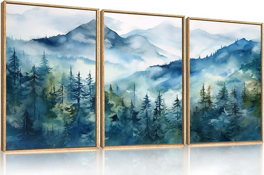Blue Ridge Mountains Forest Framed Canvas Wall Art Set, Natural Landscape Wall Decor, Green Pine Trees Wall Painting, Woodland Artworks for Living Room, Bedroom, Dining Room-24"x36"x3