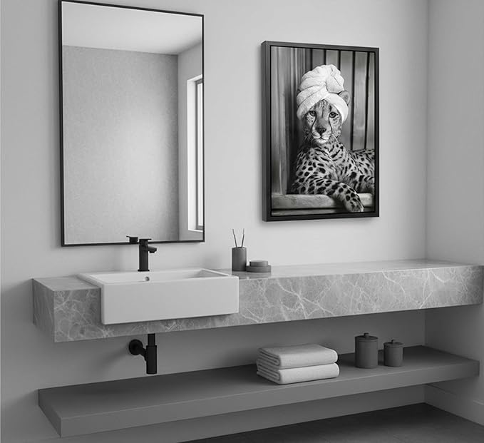Framed Cheetah Bathroom Canvas Wall Art Trendy Black and White Leopard Painting Picture Wall Decor Poster Print Artwork for Bedroom Living Room Apartment Home Decoration