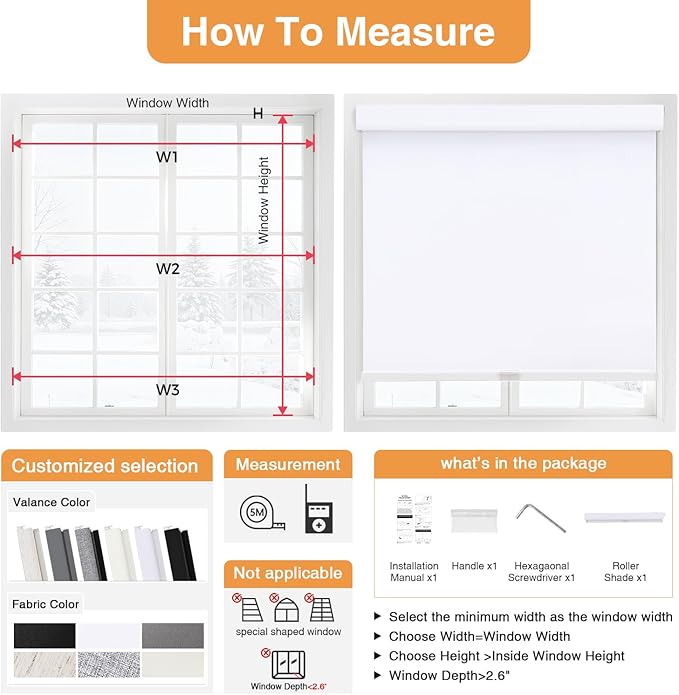AOSKY No Drill Cordless Blackout Roller Shades with Valance,Customize Blinds for Indoor Windows,Room Darkening Window Shades Pull Down with Free-Stop Spring System, UV Protection for Home White