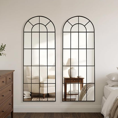 Anpark Arched Windowpane Mirror Full Length 65"x24" Wall Mounted Black Art Pane Farmhouse Decorative Floor Mirror Leaning Hanging Wall Mirror for Bedroom Living Room Entrance