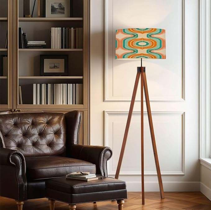 Wood Tripod Floor Lamp 50s Mid Century Modern Seamless Mid Century Standing Lamp Linen Shade Dimmable Modern Tall lamp Home Decor for Living Room Bedroom Office