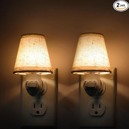 Vintage Plug in Night Light with Switch, 2-Pack 0.5W LED Night Lights Plug into Wall Socket, Soft Warm Baby Nursery Nightlight with Linen Fabric Lamp Shade for Adult Kids Room Bathroom Hallway