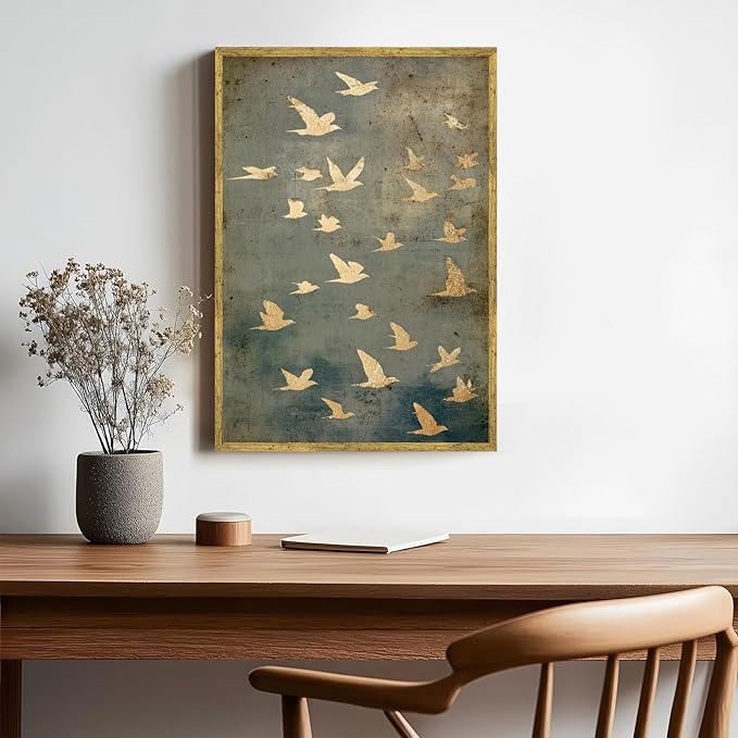Large Gold Framed Flock of Flying Birds Canvas Wall Art Modern Japandi Minimalist Spiritual Home Decor Vintage Teal Bird Poster Painting Prints Retro Abstract Animal Pictures Artwork 24x36inch