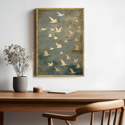 Large Gold Framed Flock of Flying Birds Canvas Wall Art Modern Japandi Minimalist Spiritual Home Decor Vintage Teal Bird Poster Painting Prints Retro Abstract Animal Pictures Artwork 24x36inch