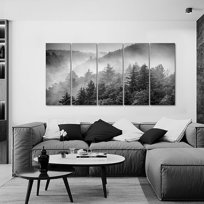iKNOW FOTO 5-Piece X-Large Canvas Wall Art Set Black and White Misty Forest & Evergreen Trees Landscape Picture Prints Stretched Ready to Hang for Living Room 16x40 Each Panel