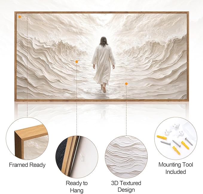Aurlan Jesus Walking on Water Framed Wall Art(40"x20"), 3D Textured Modern Christian Biblical Faith Divine Light Canvas Artwork, Large Religious Spiritual LDS Baptism Gift Painting Decor for Home Office Living Room Bedroom