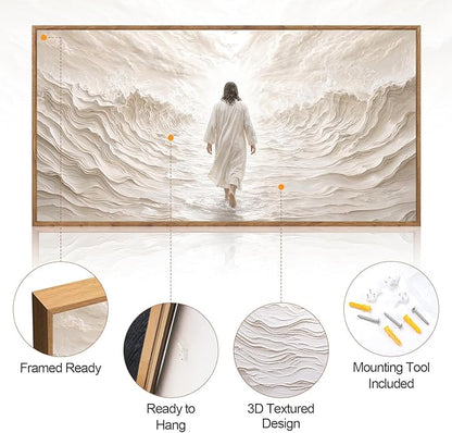 Aurlan Jesus Walking on Water Framed Wall Art(40"x20"), 3D Textured Modern Christian Biblical Faith Divine Light Canvas Artwork, Large Religious Spiritual LDS Baptism Gift Painting Decor for Home Office Living Room Bedroom