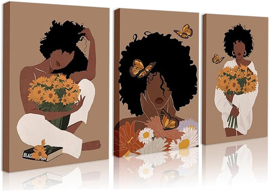 Black Woman Canvas Wall Art Set of 3 - Boho Black Girl Sunflower Posters African American Pictures Fashion Flower Art Prints for Nordic Minimalist Room Bedroom Wall Decor 16”x24”x3 Framed