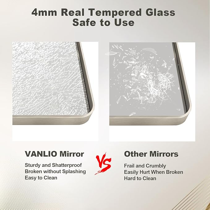 48x32 Inch Brushed Nickel Bathroom Mirror, Brushed Silver Metal Framed Wall Mirror, Rounded Corner Rectangle Modern Vanity Mirror, Tempered Glass, Anti-Rust, Shatterproof (Horizontal/Vertical)