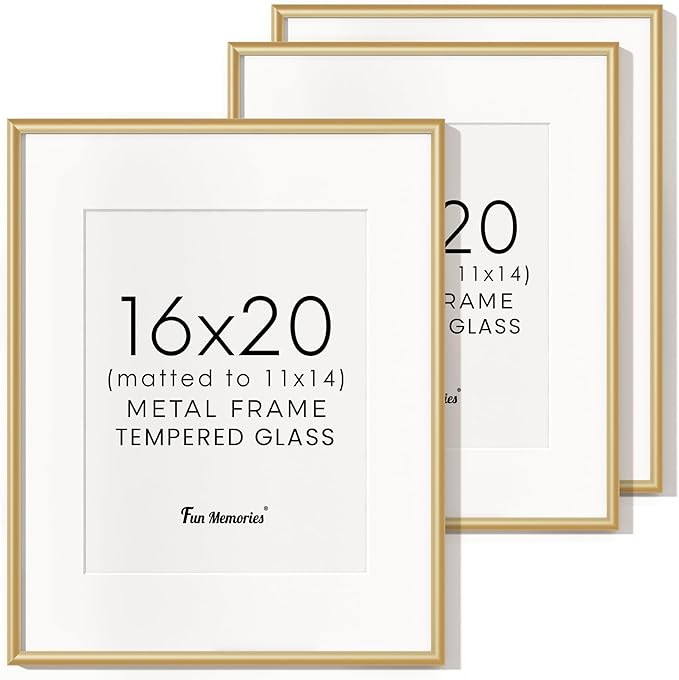 Fun Memories 16x20 Aluminum Picture Frame Gold, 16"x20" Frame for Wall with Real Glass, 16 x 20 Gold Metal Frame, 16x20 Picture frame Matted to 11x14, Set of 3