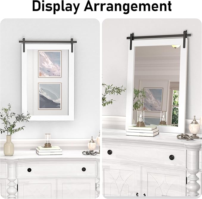 Farmhouse Bathroom Mirror, White Rustic Square Mirror for Wall Wood Framed Vanity Mirrors, Barn Door Style Decor Living Room Entryway Bedroom Mirrors, 18x26INCH (Hanging/Leaning)