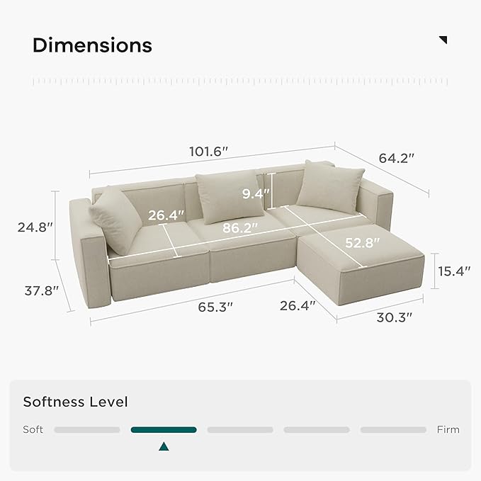 Acanva Luxury Modular Sectional Living Room Sofa Set, Modern Minimalist Style Couch with Ottoman and Chaise, L-Shape, Linen-Like Cream | Minimalist Style