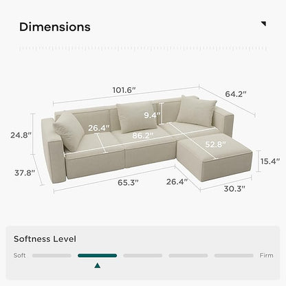 Acanva Luxury Modular Sectional Living Room Sofa Set, Modern Minimalist Style Couch with Ottoman and Chaise, L-Shape, Linen-Like Cream | Minimalist Style
