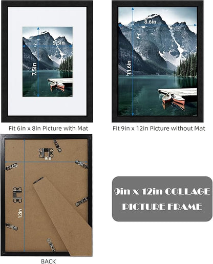 Hongkee 9x12 Black Picture Frames set of 3, Made of Wooden and Glass Photo frame - Displays Picture 6x8 with Mat or 9 x 12 without Mat, Desktop & Wall Collage Frame set