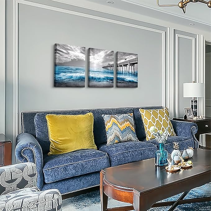 DZRWUBHS Wall Decorations For Living Room 3 Piece Framed Canvas Art Bedroom Office Decor Black And White Paintings Blue Ocean Sea Wave Pictures Artwork Modern Posters Prints Home