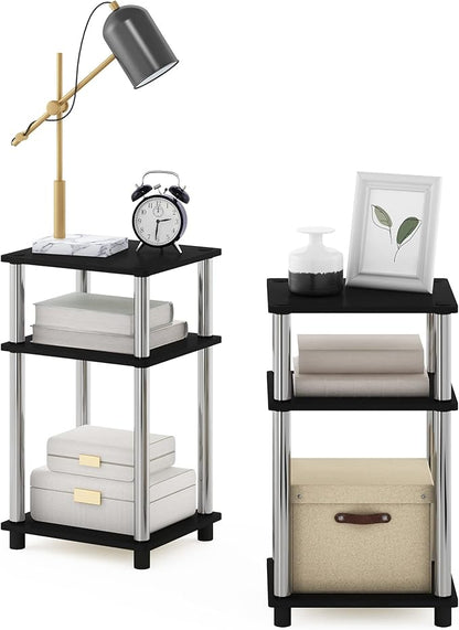 Furinno JUST Side Table Set of 2, 3-Tier Modern End Tables, Open Shelves Night Stand, Nightstand Set, Toolless Assembly, for Living Room, Bedroom, Americano/Stainless Steel