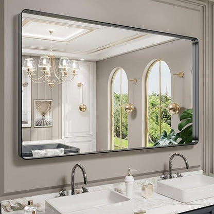 LOAAO Black Metal Framed Bathroom Mirror for Wall, Large 60X36 Inch Rounded Rectangle Mirror, Matte Black Bathroom Vanity Mirror Farmhouse, Anti-Rust, Tempered Glass, Hangs Horizontally or Vertically