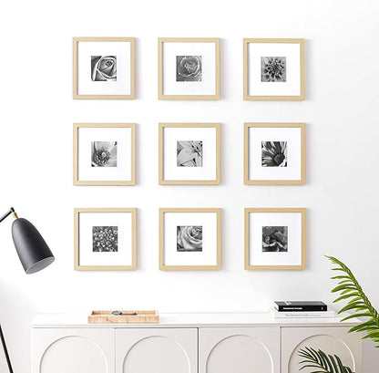 eletecpro 10x10 Picture Frames Set of 9 with Mat for 5x5 Photos or without Mat for 10x10, Square Gallery Wall Decor Collage for Picture Display, Natural Frame Set for Wall Hanging