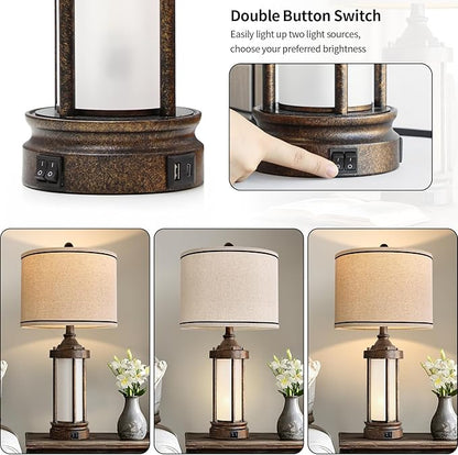 G-SAFAVA 25'' Table Lamp for Living Room Bedroom Farmhouse Metal Lamps with 2 USB Ports, Built-in Frosted Glass Night Light Vintage Industrial Nightstand Bedside End Lamp, 2 Bulbs Included, Bronze