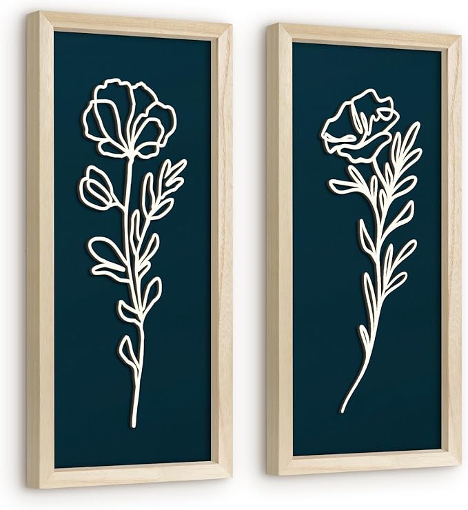 VIYYIEA Wooden 3d Floral Bathroom Wall Decor, Ready-to-Hang Framed Wall Art For Living Room, Bedroom and Office, Boho Botanical Farmhouse Decoration, Lightweight but Valuable Gift (7x16 In, set of 2)