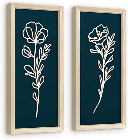 VIYYIEA Wooden 3d Floral Bathroom Wall Decor, Ready-to-Hang Framed Wall Art For Living Room, Bedroom and Office, Boho Botanical Farmhouse Decoration, Lightweight but Valuable Gift (7x16 In, set of 2)