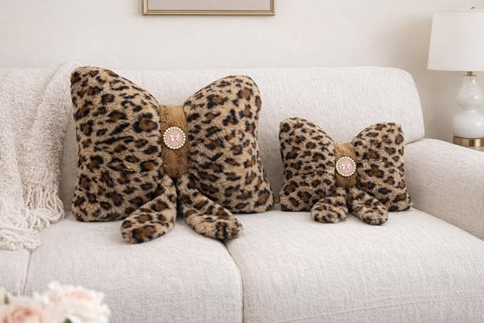 Leopard Print Bow Pillow 16x12 Inch, Cute Plush Bow Shaped Decorative Accent Pillow, Animal Print Room Decor for Bedroom Bed Sofa Chair