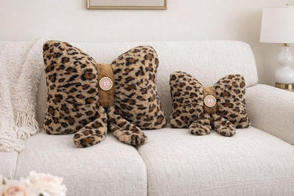 Leopard Print Bow Pillow 16x12 Inch, Cute Plush Bow Shaped Decorative Accent Pillow, Animal Print Room Decor for Bedroom Bed Sofa Chair