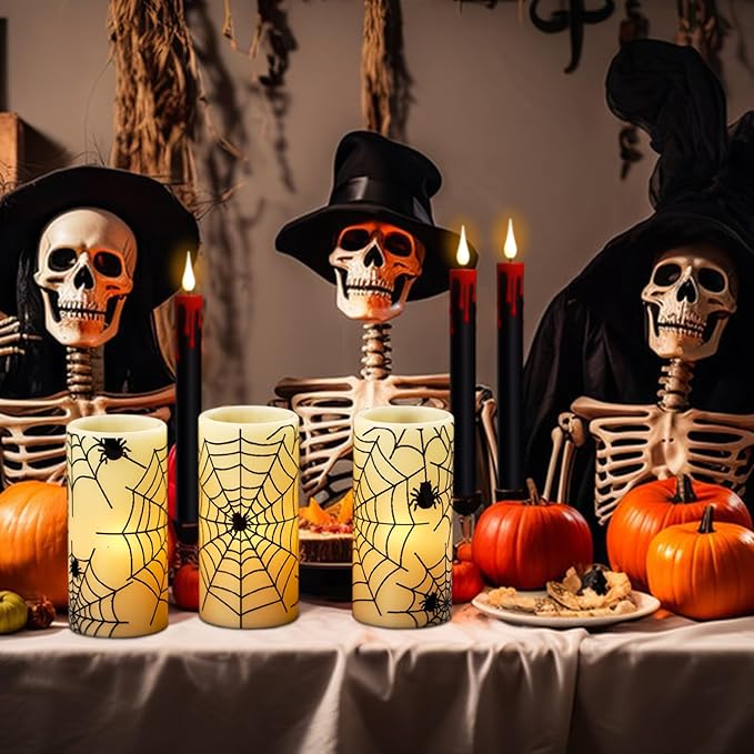 Flameless Candles Battery Operated with Timer, Set of 3 Spider Cobweb Decals Yellow Light Real Wax LED Flickering Pillar Candles Dinner Tabletop Halloween Home Decoration (3" x 6")