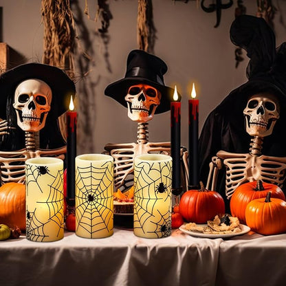 Flameless Candles Battery Operated with Timer, Set of 3 Spider Cobweb Decals Yellow Light Real Wax LED Flickering Pillar Candles Dinner Tabletop Halloween Home Decoration (3" x 6")