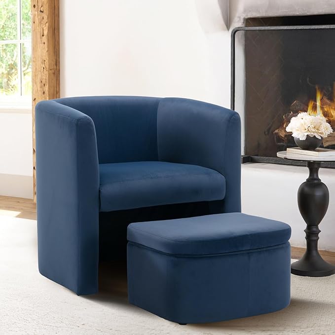 COLAMY Morden Velvet Living Room Side Chair with Storage Ottoman Set of 2, Single Sofa Armchair with Lounge Seat, Upholstered Barrel Accent Chair for Bedroom/Office/Reading Spaces, Blue