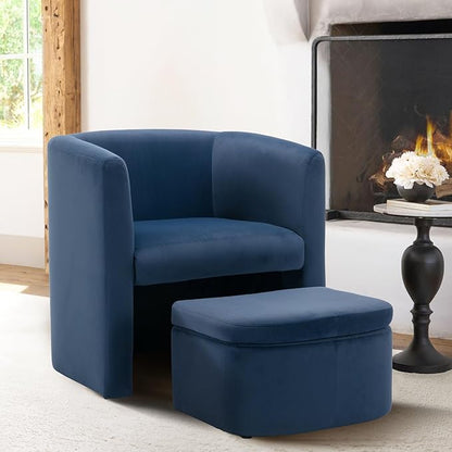 COLAMY Morden Velvet Living Room Side Chair with Storage Ottoman Set of 2, Single Sofa Armchair with Lounge Seat, Upholstered Barrel Accent Chair for Bedroom/Office/Reading Spaces, Blue