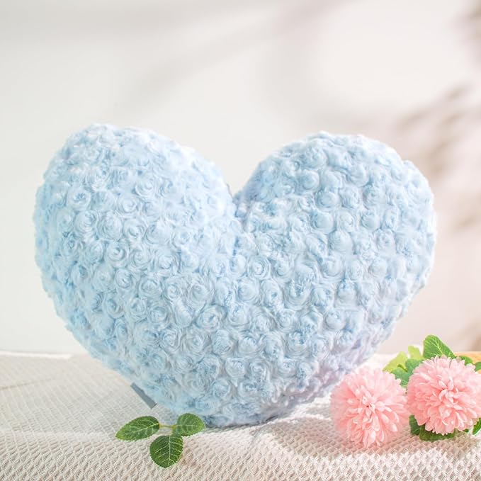 18" Sky Blue Heart Pillow, Luxury 600GSM Rose Textured Faux Rabbit Fur, Ethereal Blue Aesthetic Decorative Throw Pillow for Bedroom, Soft Matte Cloud Blue Heart Cushion