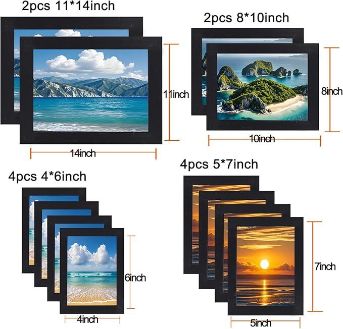 xnlkros 12 pack assorted gallery wall picture frame,rustic farmhouse wood picture frames multiple sizes including 4x6, 5x7, 8x10, 11x14, Ideal for living room hanging or tabletop display,Black