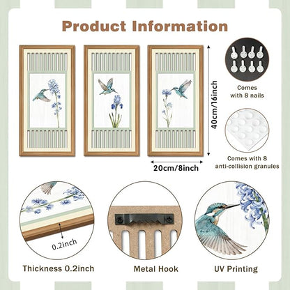 IARTTOP Vintage Hummingbird Bird Wall Art Set of 3 Botanical Prints Sage Green Home Decor for Living Room Bedroom Farmhouse 8x16 Inch Gifts for Bird Lovers