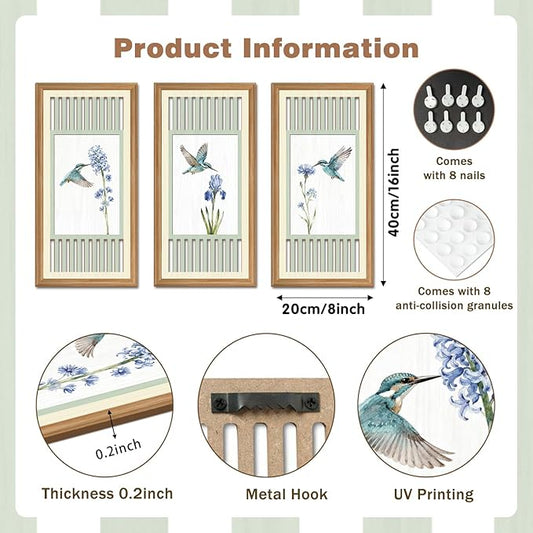 IARTTOP Vintage Hummingbird Bird Wall Art Set of 3 Botanical Prints Sage Green Home Decor for Living Room Bedroom Farmhouse 8x16 Inch Gifts for Bird Lovers
