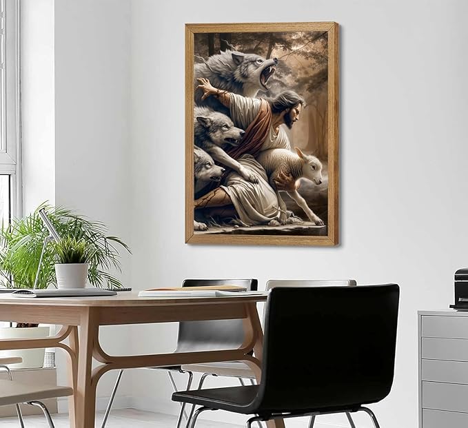 Framed Jesus and Lamb Canvas Wall Art Jesus Saves The Lost Lamb Picture Wall Decor God Protect A sheep From Wolves Painting Print Christian Poster Artwork for Living Room Bedroom Church (24x36 in)