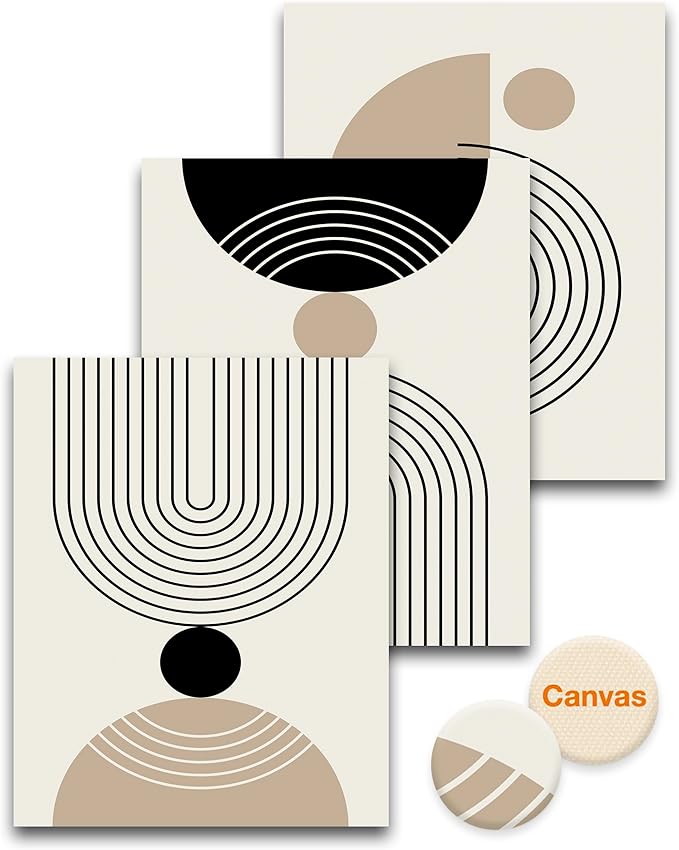 HesenDot Unframed Abstract Geometric Line Wall Art Set of 3, 12x16in Boho Mid Century Canvas Prints, Modern Arch Posters, Neutral Minimalist Wall Decor for Living Room Bedroom Bathroom Study