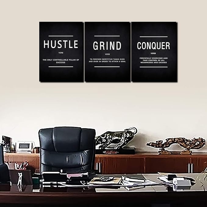 KAWAHONE Success Quotes Wall Art, Grind Hustle Conquer Motivation Wall Poster Framed Positive Sayings Wall Hanging Inspirational Quotes for Home Office Workplace - 20x28inx3pcs
