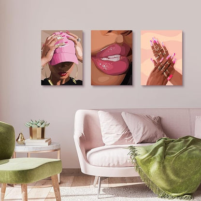 Hianan Fashion Black Girl Canvas Wall Art Modern Trendy African American Black Woman Poster Prints Pink Abstract Black Girl Aesthetic Pictures for Living Room Framed Ready to Hang 12"x16"x3