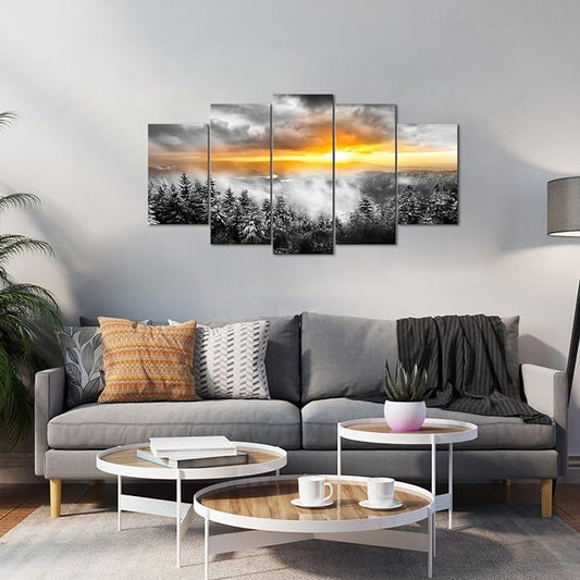 KLVOS 5 Panels Fog Mountain Canvas Wall Art Sunrise Misty Forest Print Picture Paintings Black and White Nature Artwork Modern Bedroom Living Room Office Decor Gallery Wrapped