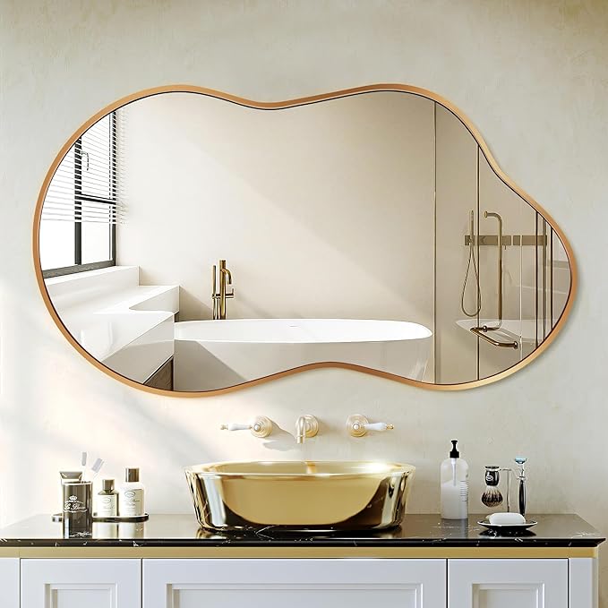 Dorlicecass Bathroom Mirror - Gold Irregular Wall Mirrors Decorative 26"x46" Asymmetrical Tempered Glass Aviation Aluminum Alloy Frame for Vanity, Bedroom, Living Room, Cloakroom, Entryway