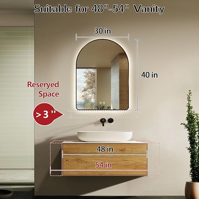 Niccy Arched LED Lighted Bathroom Mirror, 40x30 Inch Backlit Vanity Bathroom Mirror with Lights Brushed Black Framed Wall Mounted Mirrors with 3 Color Shatterproof Arch Smart Fog Free Mirror
