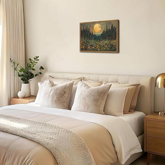 Vintage Forest Moon Wall Art, Nature Pine Tree Woodland Wall Decor Paintings, Dark Cottagecore Landscape 3D Textured Hand Drawn Sandstone Artwork for Bedroom Living Room 24x36 inch Wood Framed