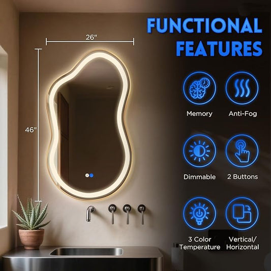 Irregular Led Backlit Bathroom Mirror -26"x46" Single Piece, Asymmetrical Cloud Lighted Vanity Mirror with Lights for Wall, Anit-Fog, Dimmable, Memory (Vertical/Horizontal)